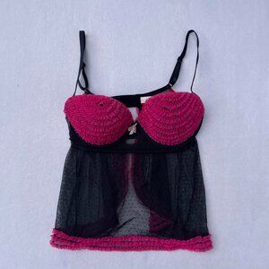 Jezebel Intimate Black and Pink Ruffle Mesh Sheer Babydoll Lingerie Top Size M